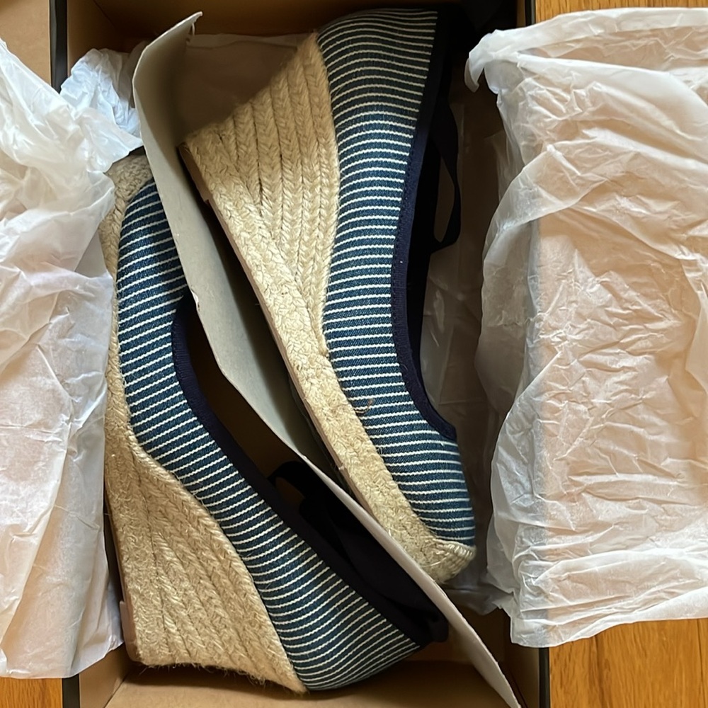NIB J. Crew Seville Canvas Espadrille wedge ankle tie Blue & White stripes 7.5 - Picture 9 of 12